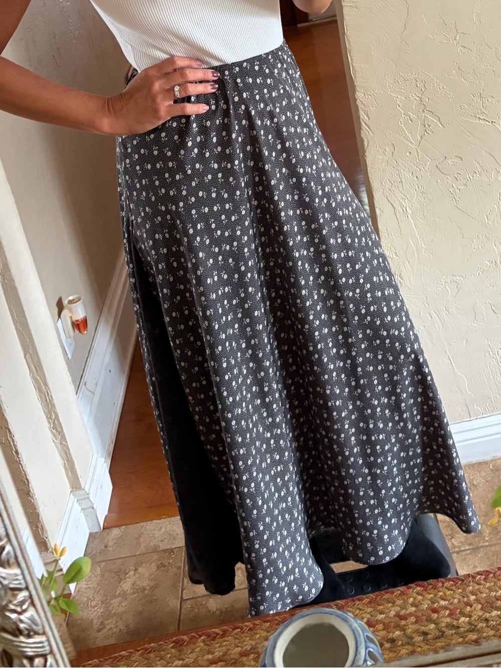 aerie Black Floral A-Line Skirt with White Ditsy Print